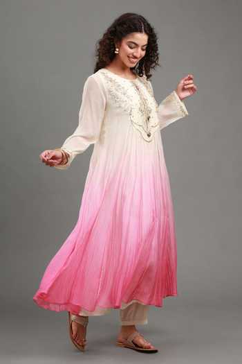 Kyra By Bhavna_Pink Chanderi, Shantoon, Cambric Round Neck Myra Ombre Anarkali Set _Online_at_Aza_Fashions
