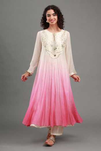 Buy_Kyra By Bhavna_Pink Chanderi, Shantoon, Cambric Round Neck Myra Ombre Anarkali Set _Online_at_Aza_Fashions