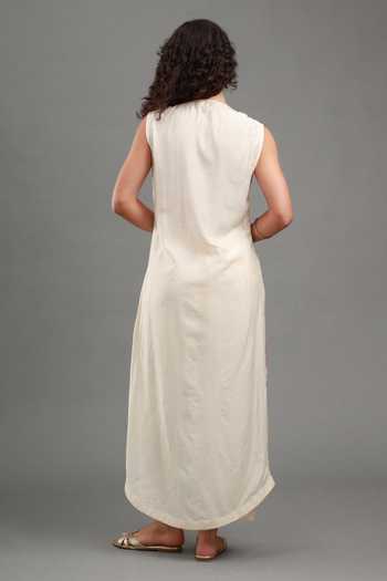 Shop_Kyra By Bhavna_Ivory Chanderi, Cambric Split V-neck, Yes Eira Sleeveless Kurta And Pant Set _at_Aza_Fashions
