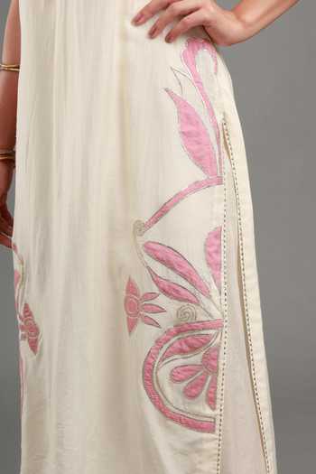 Kyra By Bhavna_Ivory Chanderi, Cambric Split V-neck, Yes Eira Sleeveless Kurta And Pant Set _at_Aza_Fashions