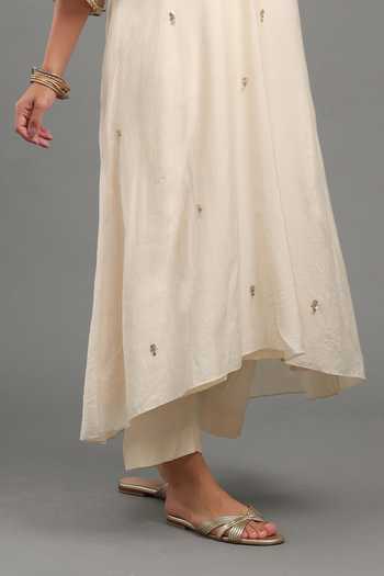 Kyra By Bhavna_Ivory Chanderi, Shantoon V-neck Fariha Kaftan And Pant Set _Online_at_Aza_Fashions