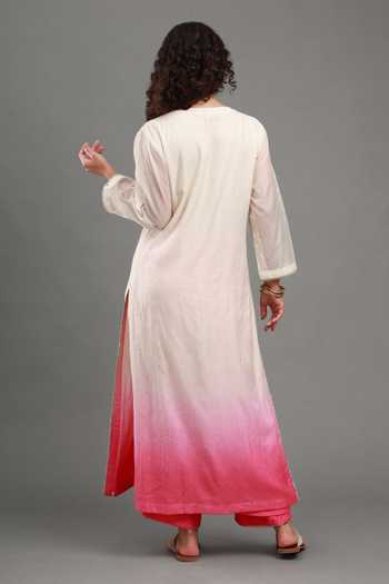 Shop_Kyra By Bhavna_Off White Chanderi, Shantoon V-neck Zainab Kurta Set _at_Aza_Fashions