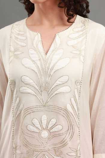 Shop_Kyra By Bhavna_Off White Chanderi, Shantoon V-neck Zainab Kurta Set _Online_at_Aza_Fashions