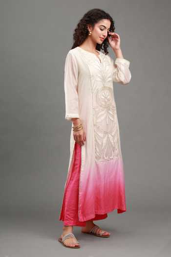 Kyra By Bhavna_Off White Chanderi, Shantoon V-neck Zainab Kurta Set _at_Aza_Fashions