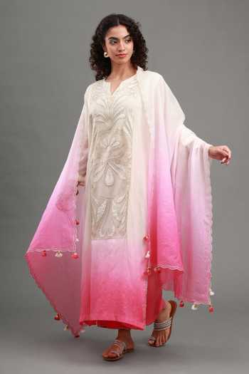 Buy_Kyra By Bhavna_Off White Chanderi, Shantoon V-neck Zainab Kurta Set _at_Aza_Fashions