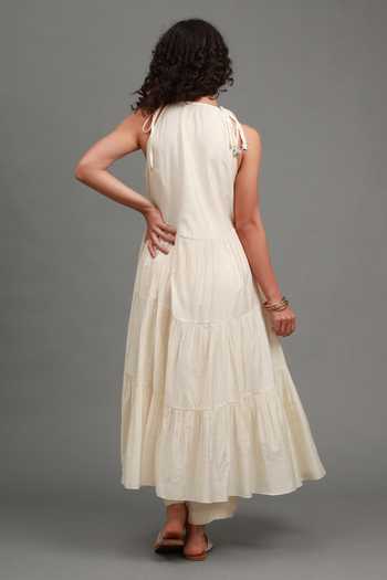 Shop_Kyra By Bhavna_Ivory Chanderi Halter Neck Alina Anarkali And Pant Set _at_Aza_Fashions