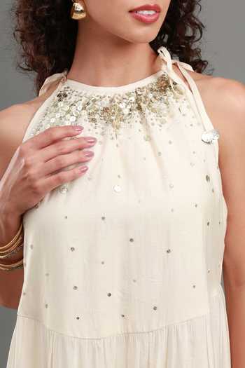 Buy_Kyra By Bhavna_Ivory Chanderi Halter Neck Alina Anarkali And Pant Set _Online_at_Aza_Fashions