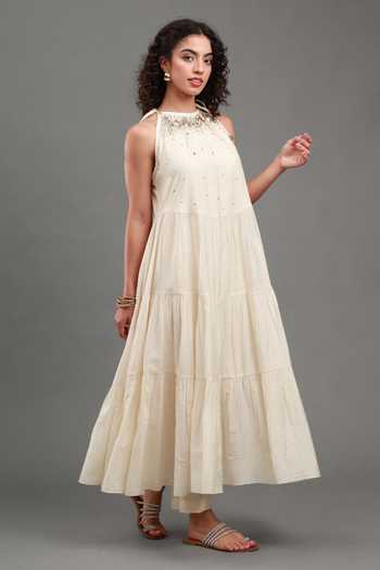 Shop_Kyra By Bhavna_Ivory Chanderi Halter Neck Alina Anarkali And Pant Set _Online_at_Aza_Fashions