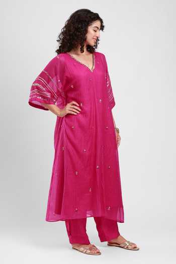 Kyra By Bhavna_Pink Chanderi V-neck Zoya Kaftan And Pant Set _Online_at_Aza_Fashions