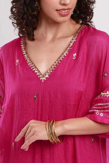 Kyra By Bhavna_Pink Chanderi V-neck Zoya Kaftan And Pant Set _at_Aza_Fashions