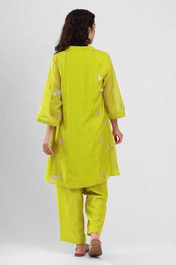 Shop_Kyra By Bhavna_Green Chanderi Split V-neck Elina Kurta And Pant Set _at_Aza_Fashions