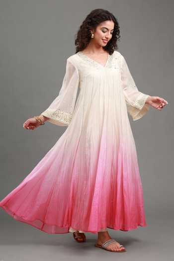 Kyra By Bhavna_Pink Chanderi V-neck Ayra Ombre Anarkali Set _Online_at_Aza_Fashions