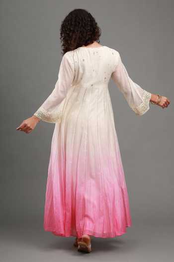 Shop_Kyra By Bhavna_Pink Chanderi V-neck Ayra Ombre Anarkali Set _at_Aza_Fashions