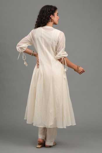 Shop_Kyra By Bhavna_Ivory Chanderi V-neck Zahira Anarkali And Pant Set _at_Aza_Fashions