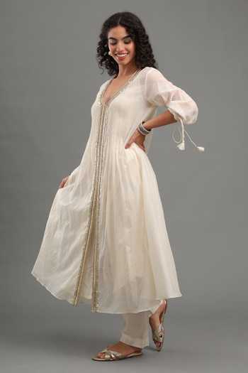 Buy_Kyra By Bhavna_Ivory Chanderi V-neck Zahira Anarkali And Pant Set _Online_at_Aza_Fashions