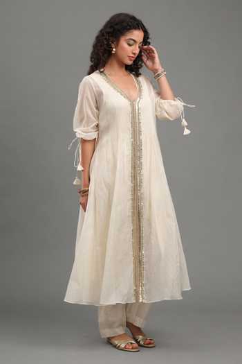 Shop_Kyra By Bhavna_Ivory Chanderi V-neck Zahira Anarkali And Pant Set _Online_at_Aza_Fashions