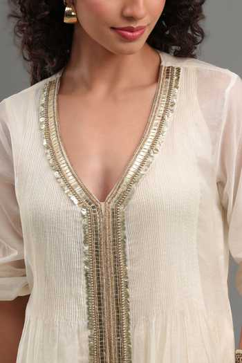 Kyra By Bhavna_Ivory Chanderi V-neck Zahira Anarkali And Pant Set _at_Aza_Fashions