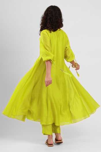 Shop_Kyra By Bhavna_Green Chanderi V-neck Zahira Anarkali And Pant Set _at_Aza_Fashions