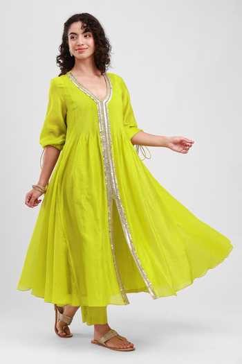 Kyra By Bhavna_Green Chanderi V-neck Zahira Anarkali And Pant Set _at_Aza_Fashions