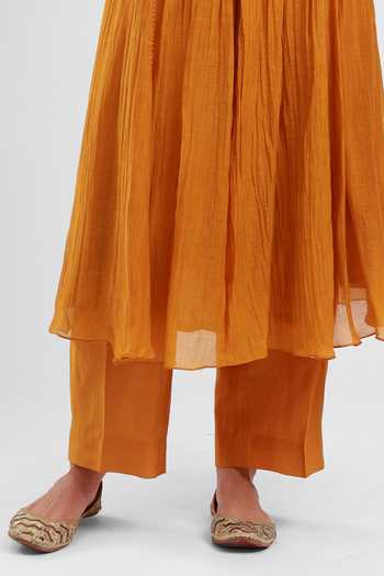 Kyra By Bhavna_Yellow Chanderi, Cambric Round Neck Nir Pleated Anarkali Pant Set _Online_at_Aza_Fashions