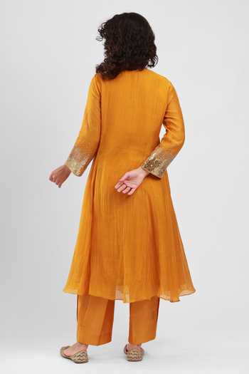 Shop_Kyra By Bhavna_Yellow Chanderi, Cambric Round Neck Nir Pleated Anarkali Pant Set _at_Aza_Fashions