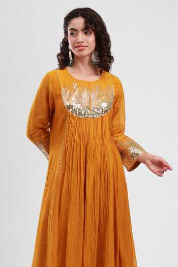 Buy_Kyra By Bhavna_Yellow Chanderi, Cambric Round Neck Nir Pleated Anarkali Pant Set _Online_at_Aza_Fashions