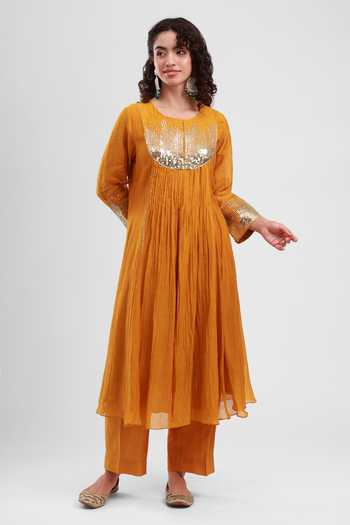 Shop_Kyra By Bhavna_Yellow Chanderi, Cambric Round Neck Nir Pleated Anarkali Pant Set _Online_at_Aza_Fashions