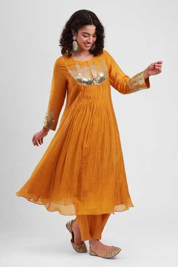 Kyra By Bhavna_Yellow Chanderi, Cambric Round Neck Nir Pleated Anarkali Pant Set _at_Aza_Fashions