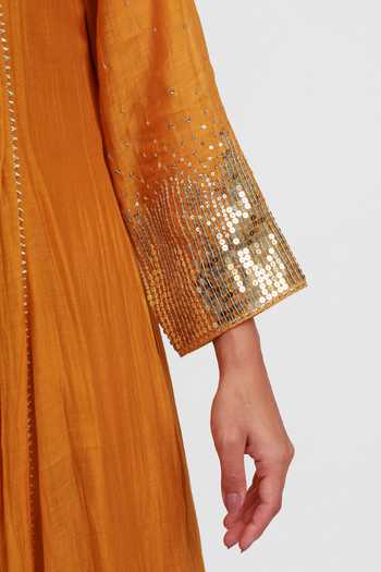 Shop_Kyra By Bhavna_Yellow Chanderi, Cambric Round Neck Nir Pleated Anarkali Pant Set 
