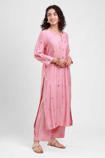 Kyra By Bhavna_Pink Chanderi Split V-neck Abeer Kurta Set _Online_at_Aza_Fashions