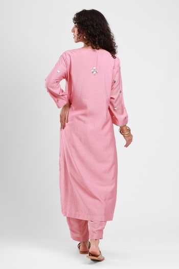 Shop_Kyra By Bhavna_Pink Chanderi Split V-neck Abeer Kurta Set _at_Aza_Fashions