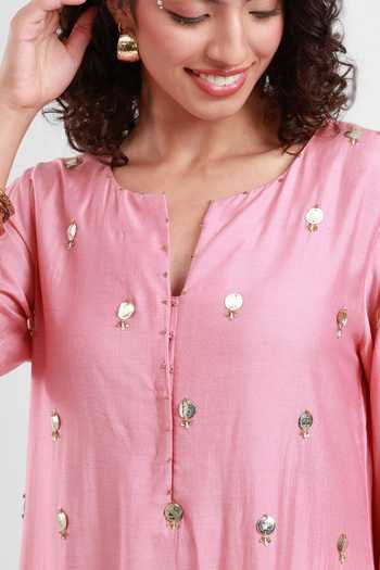 Kyra By Bhavna_Pink Chanderi Split V-neck Abeer Kurta Set _at_Aza_Fashions