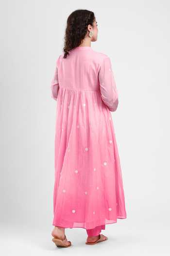 Shop_Kyra By Bhavna_Pink Chanderi, Cambric Split V-neck Myra Embroidered Anarkali And Pant Set _at_Aza_Fashions