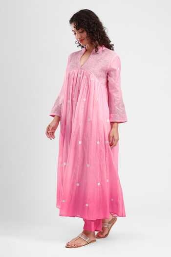 Kyra By Bhavna_Pink Chanderi, Cambric Split V-neck Myra Embroidered Anarkali And Pant Set _Online_at_Aza_Fashions