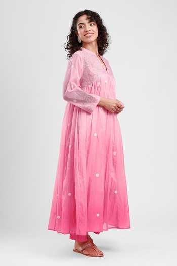 Buy_Kyra By Bhavna_Pink Chanderi, Cambric Split V-neck Myra Embroidered Anarkali And Pant Set _Online_at_Aza_Fashions