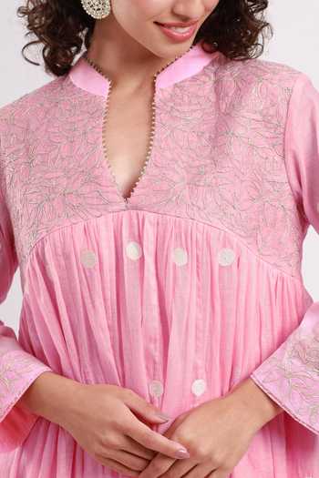 Shop_Kyra By Bhavna_Pink Chanderi, Cambric Split V-neck Myra Embroidered Anarkali And Pant Set _Online_at_Aza_Fashions
