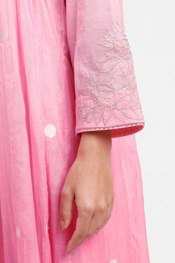 Kyra By Bhavna_Pink Chanderi, Cambric Split V-neck Myra Embroidered Anarkali And Pant Set _at_Aza_Fashions