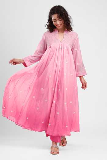 Buy_Kyra By Bhavna_Pink Chanderi, Cambric Split V-neck Myra Embroidered Anarkali And Pant Set _at_Aza_Fashions