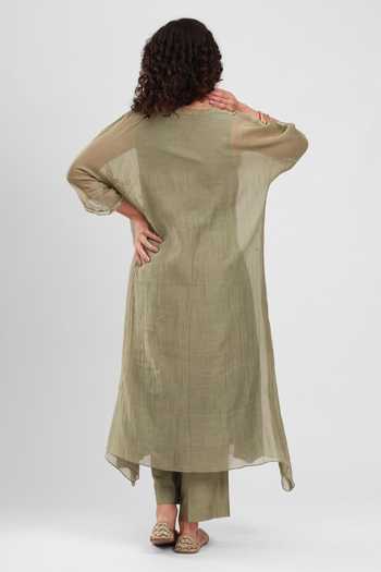 Shop_Kyra By Bhavna_Olive Green Chanderi V-neck Zyrah Kaftan And Pant Set _at_Aza_Fashions