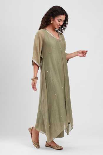 Buy_Kyra By Bhavna_Olive Green Chanderi V-neck Zyrah Kaftan And Pant Set _Online_at_Aza_Fashions