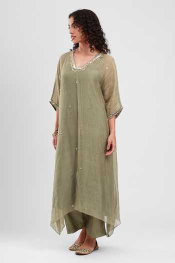 Shop_Kyra By Bhavna_Olive Green Chanderi V-neck Zyrah Kaftan And Pant Set _Online_at_Aza_Fashions