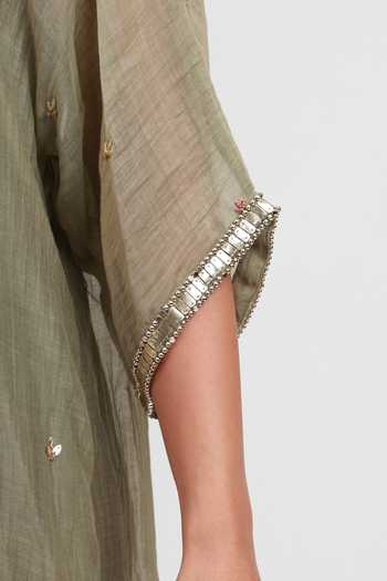 Kyra By Bhavna_Olive Green Chanderi V-neck Zyrah Kaftan And Pant Set _at_Aza_Fashions