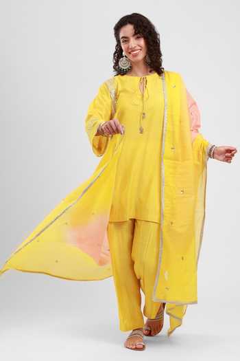 Buy_Kyra By Bhavna_Yellow Chanderi Keyhole Neck Sereen Kurta Salwar Set _at_Aza_Fashions