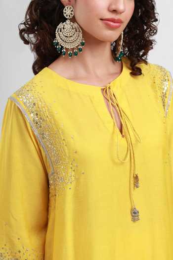 Shop_Kyra By Bhavna_Yellow Chanderi Keyhole Neck Sereen Kurta Salwar Set _Online_at_Aza_Fashions