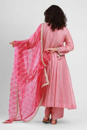 Shop_Kyra By Bhavna_Pink Chanderi V-neck Sereen Embroidered Angarkha Kurta Set _at_Aza_Fashions