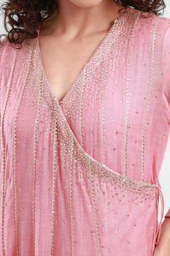 Buy_Kyra By Bhavna_Pink Chanderi V-neck Sereen Embroidered Angarkha Kurta Set _Online_at_Aza_Fashions