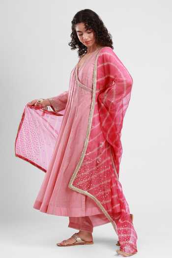 Shop_Kyra By Bhavna_Pink Chanderi V-neck Sereen Embroidered Angarkha Kurta Set _Online_at_Aza_Fashions