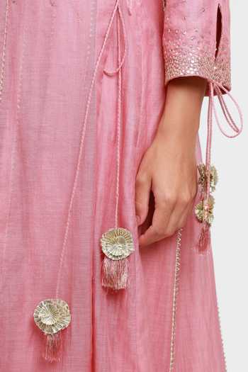 Kyra By Bhavna_Pink Chanderi V-neck Sereen Embroidered Angarkha Kurta Set _at_Aza_Fashions