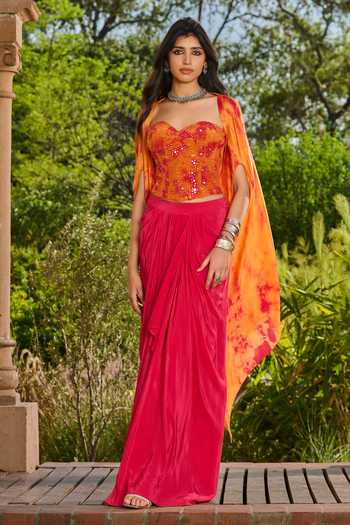 Buy_RINESSA_Orange Georgette, Crepe, Satin, Shantoon Sequins, Tie Dye Cape And Dhoti Skirt Set _Online_at_Aza_Fashions
