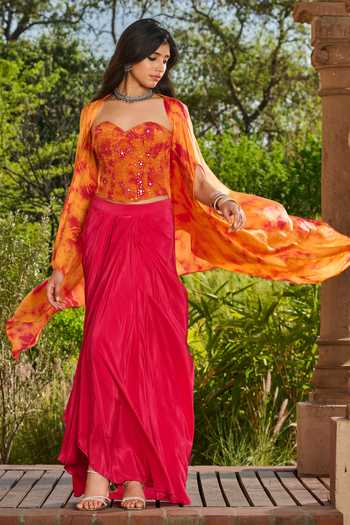 Shop_RINESSA_Orange Georgette, Crepe, Satin, Shantoon Sequins, Tie Dye Cape And Dhoti Skirt Set _Online_at_Aza_Fashions